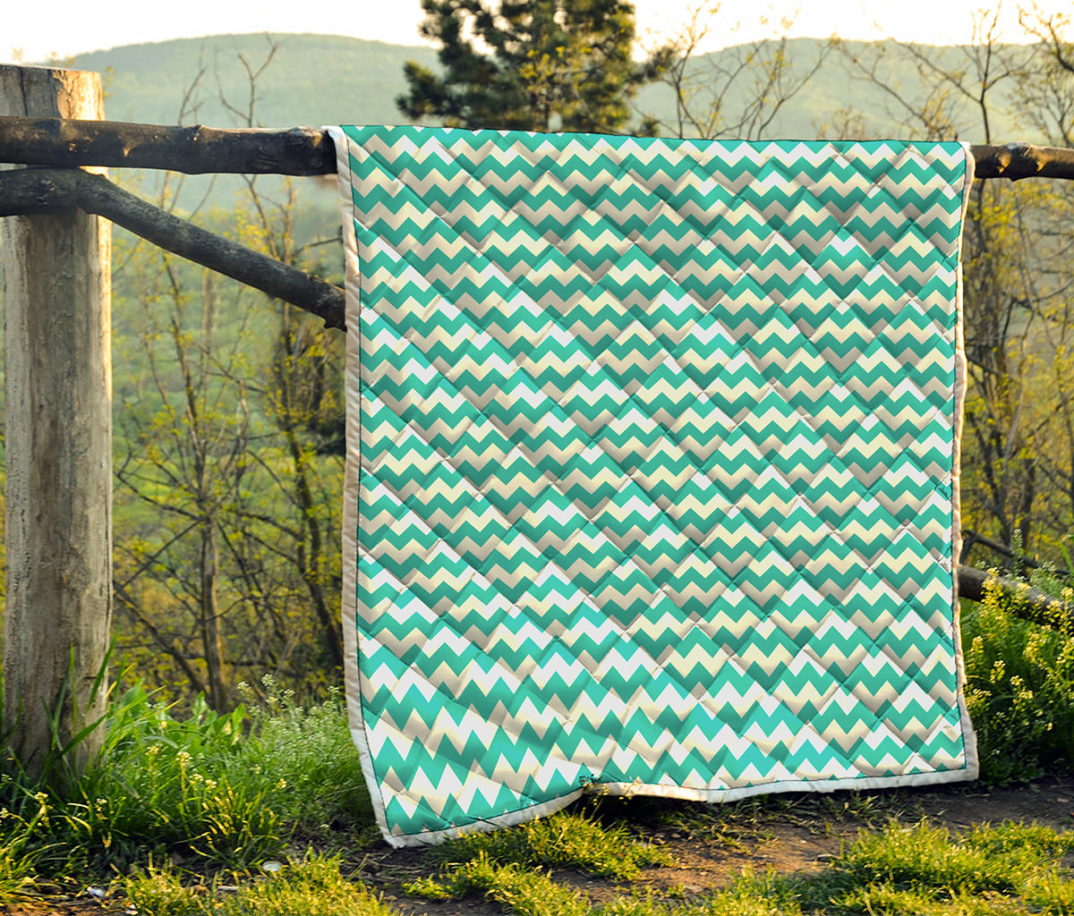 Teal And White Chevron Pattern Print Quilt