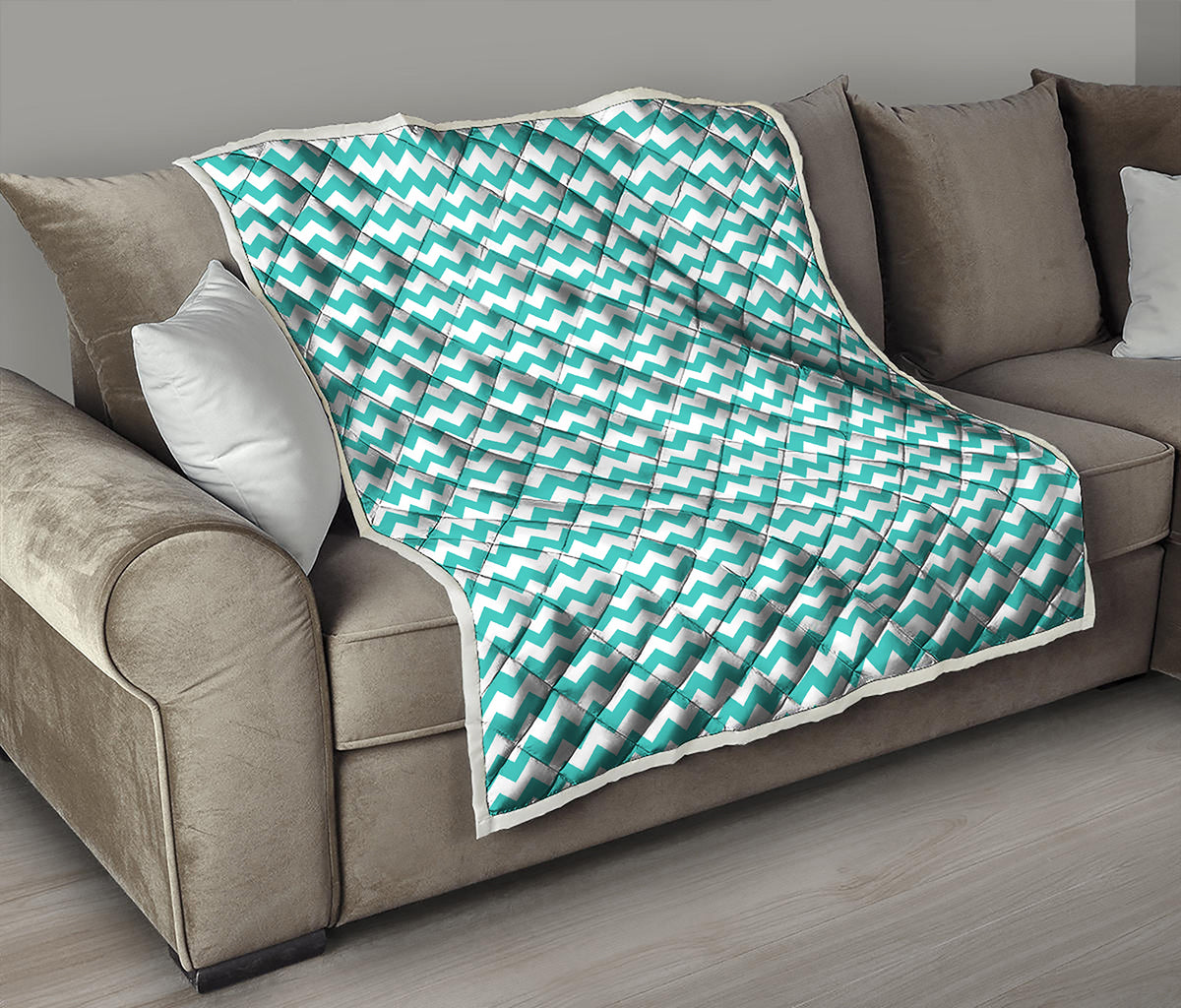 Teal And White Chevron Pattern Print Quilt