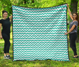 Teal And White Chevron Pattern Print Quilt