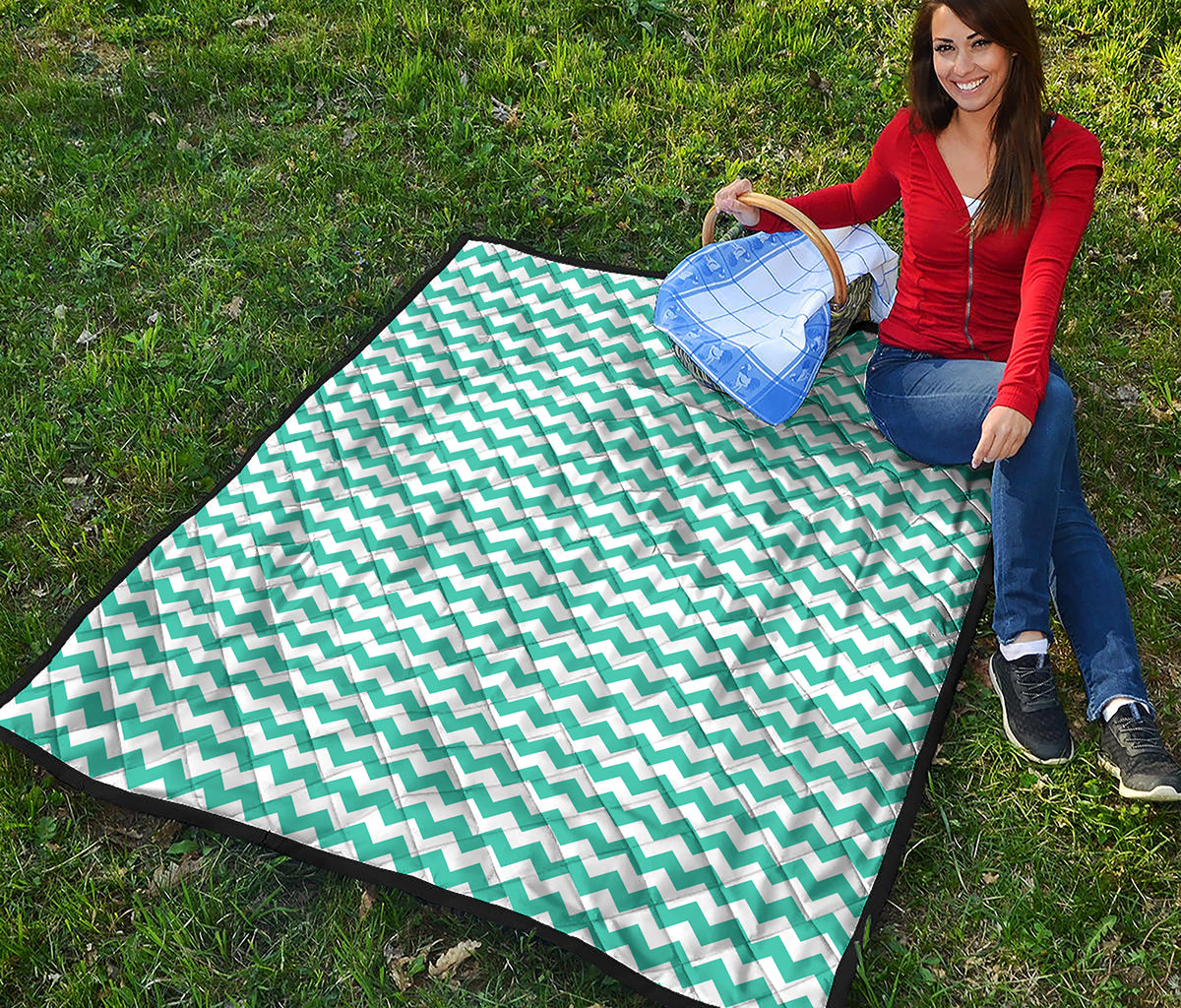 Teal And White Chevron Pattern Print Quilt