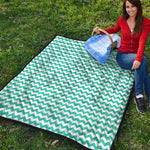 Teal And White Chevron Pattern Print Quilt