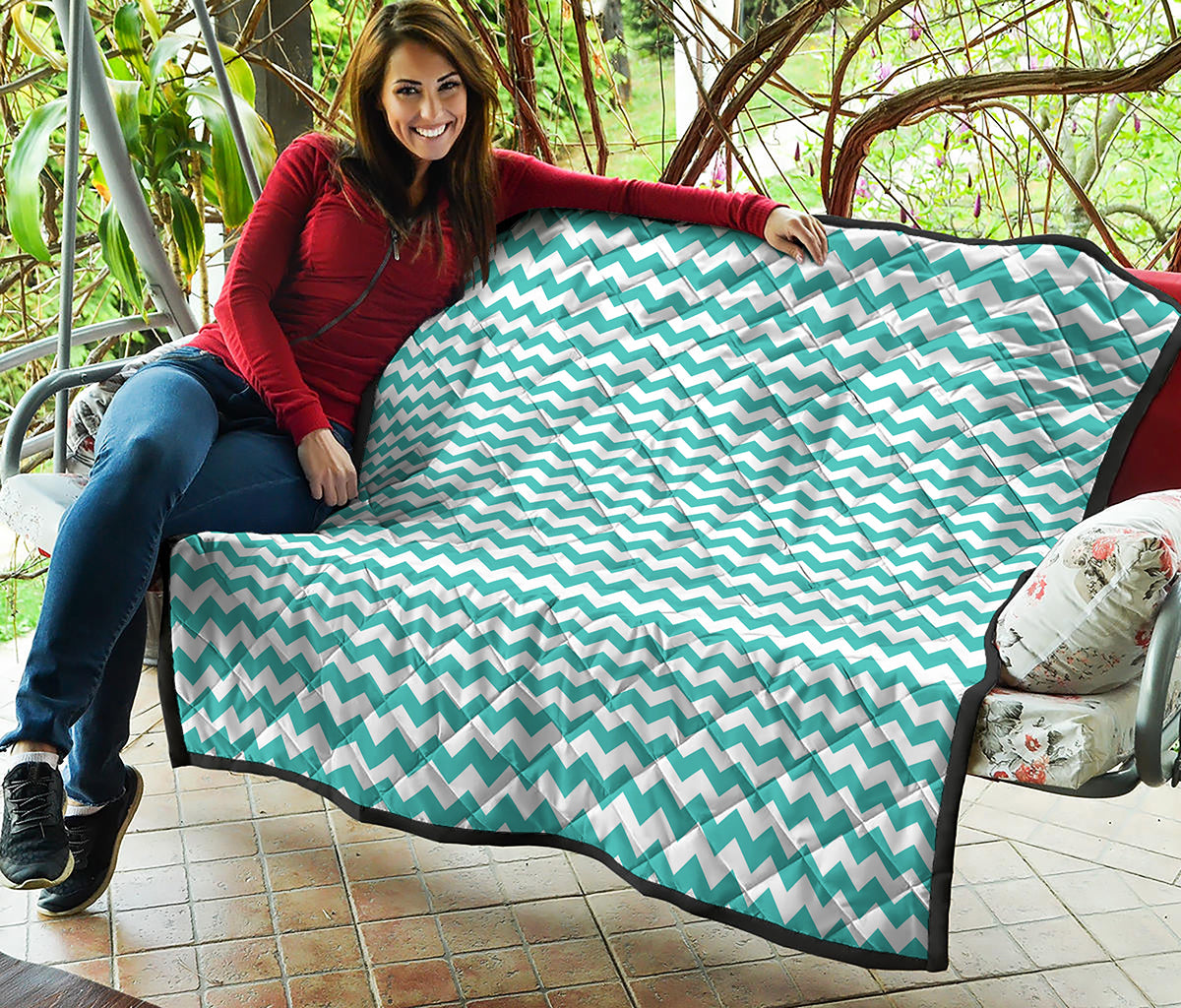 Teal And White Chevron Pattern Print Quilt