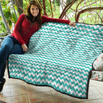 Teal And White Chevron Pattern Print Quilt