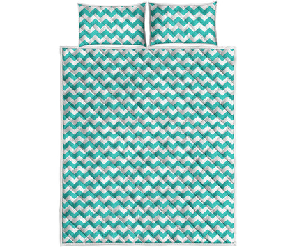 Teal And White Chevron Pattern Print Quilt Bed Set