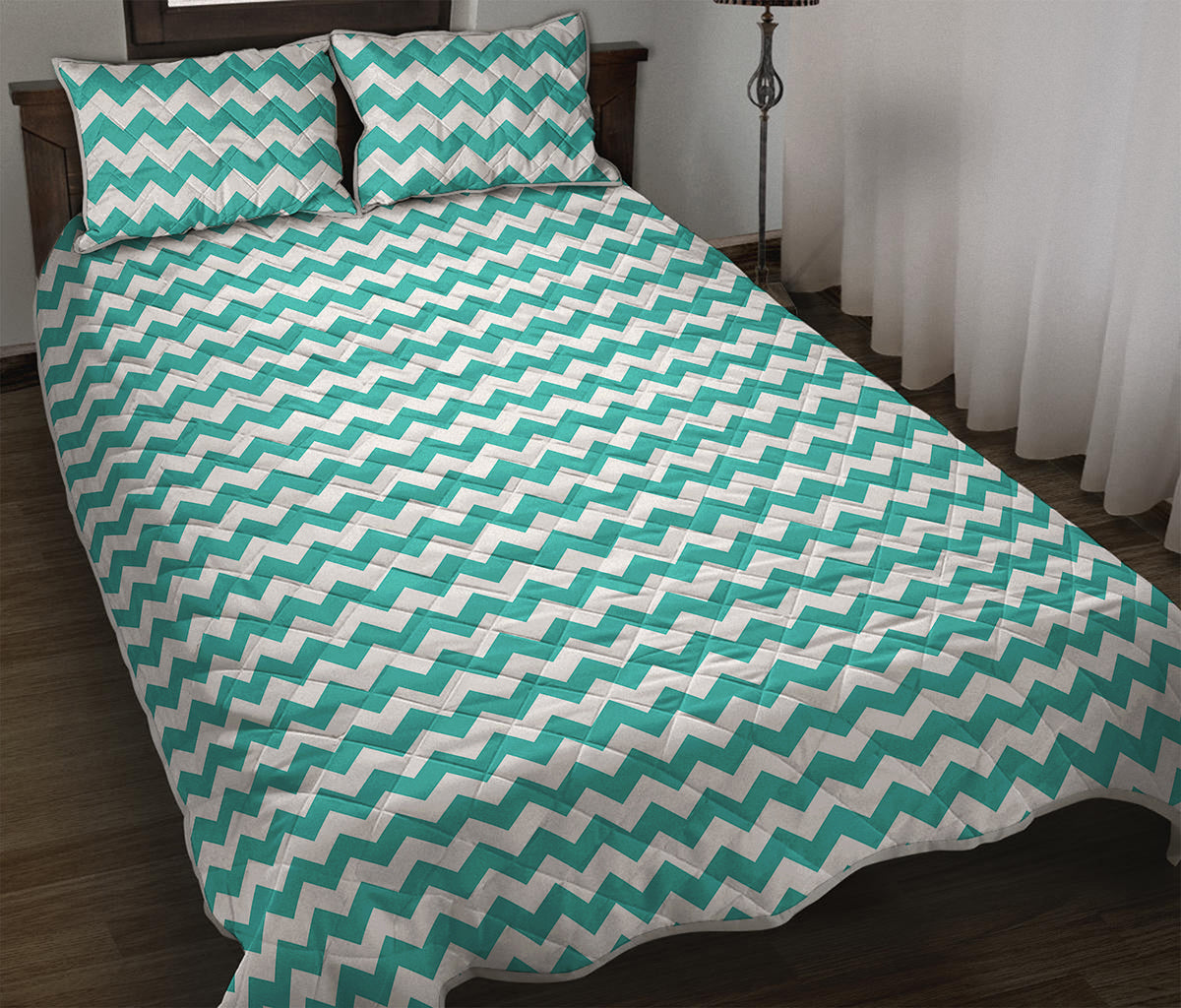 Teal And White Chevron Pattern Print Quilt Bed Set