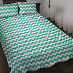 Teal And White Chevron Pattern Print Quilt Bed Set