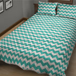 Teal And White Chevron Pattern Print Quilt Bed Set