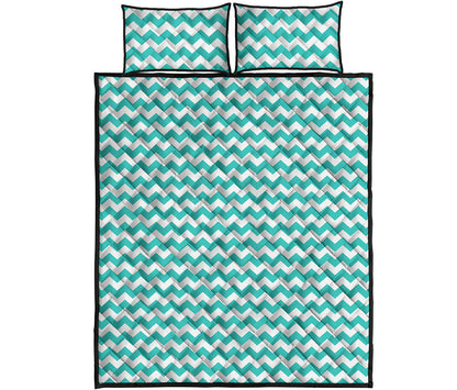 Teal And White Chevron Pattern Print Quilt Bed Set