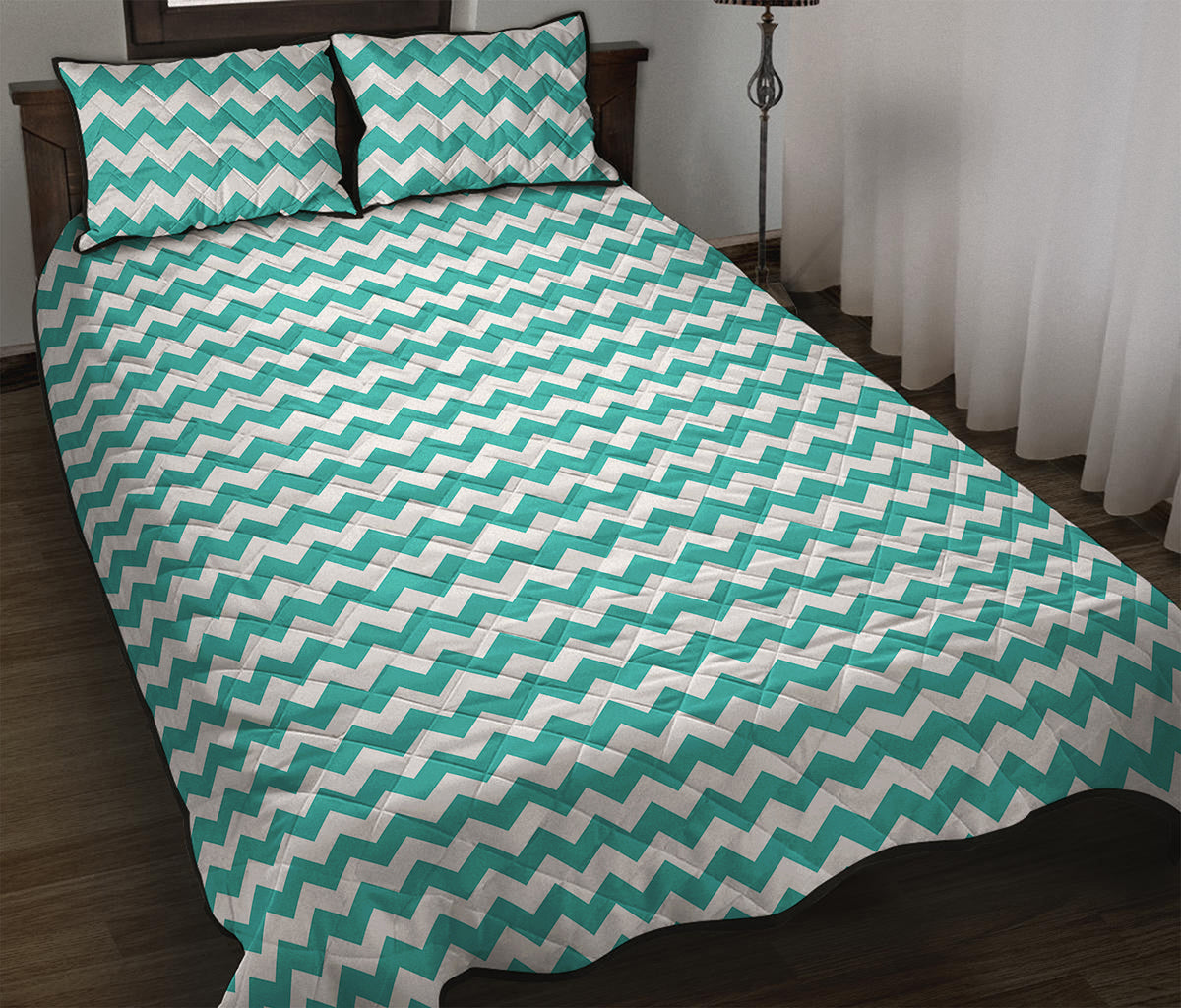Teal And White Chevron Pattern Print Quilt Bed Set