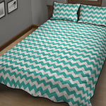 Teal And White Chevron Pattern Print Quilt Bed Set