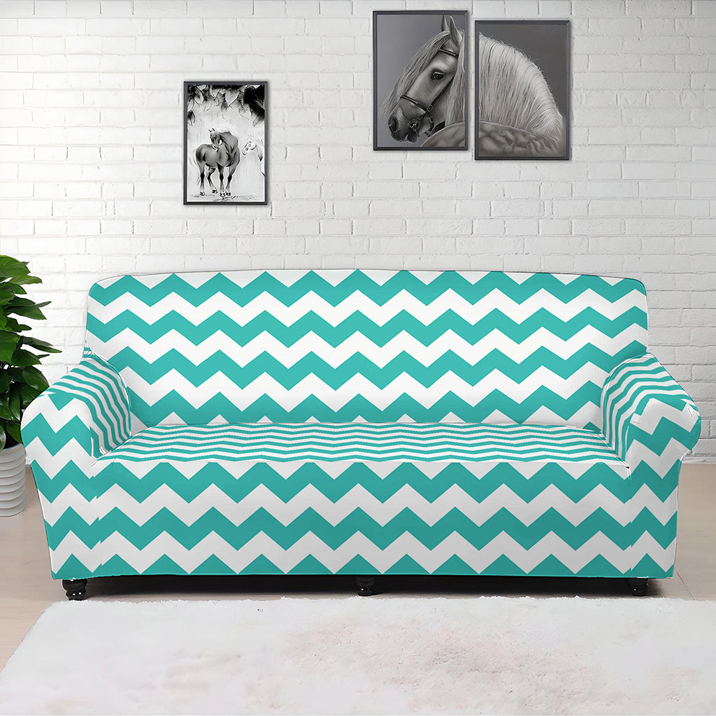 Teal And White Chevron Pattern Print Sofa Cover