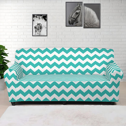 Teal And White Chevron Pattern Print Sofa Cover
