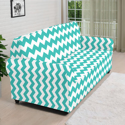Teal And White Chevron Pattern Print Sofa Cover