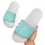 Teal And White Chevron Pattern Print White Slide Sandals