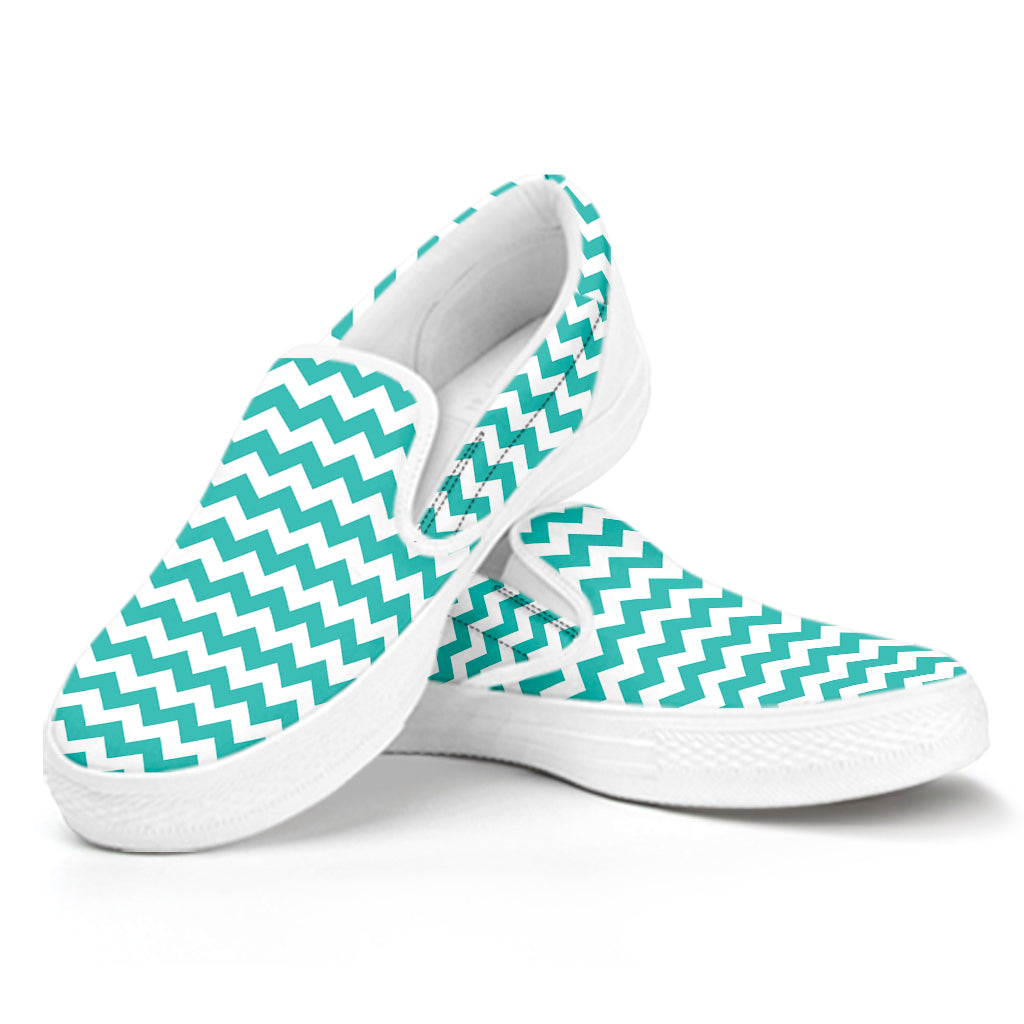 Teal And White Chevron Pattern Print White Slip On Shoes