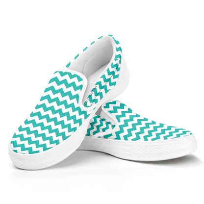 Teal And White Chevron Pattern Print White Slip On Shoes