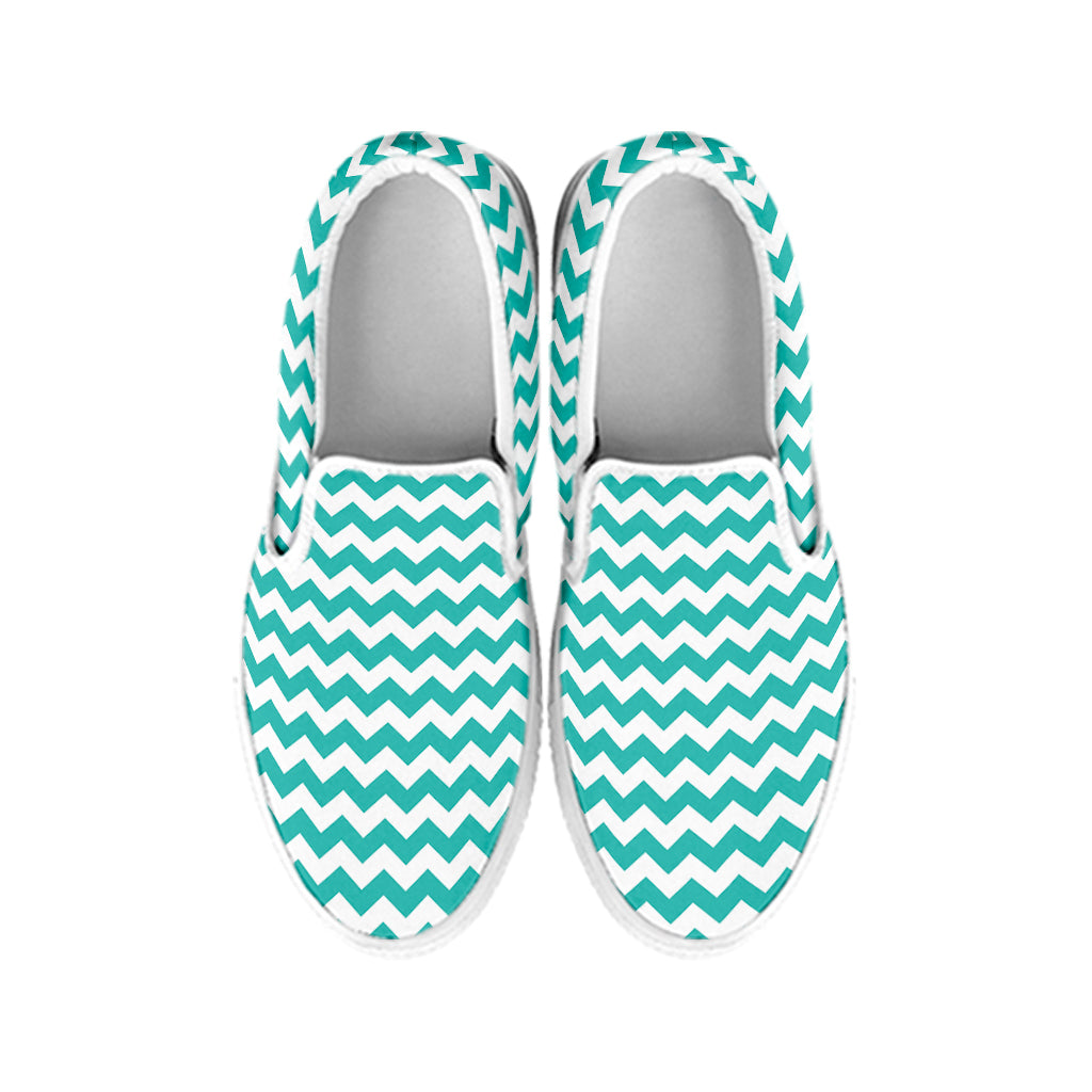Teal And White Chevron Pattern Print White Slip On Shoes