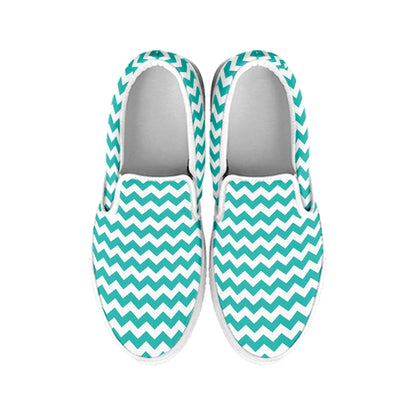 Teal And White Chevron Pattern Print White Slip On Shoes