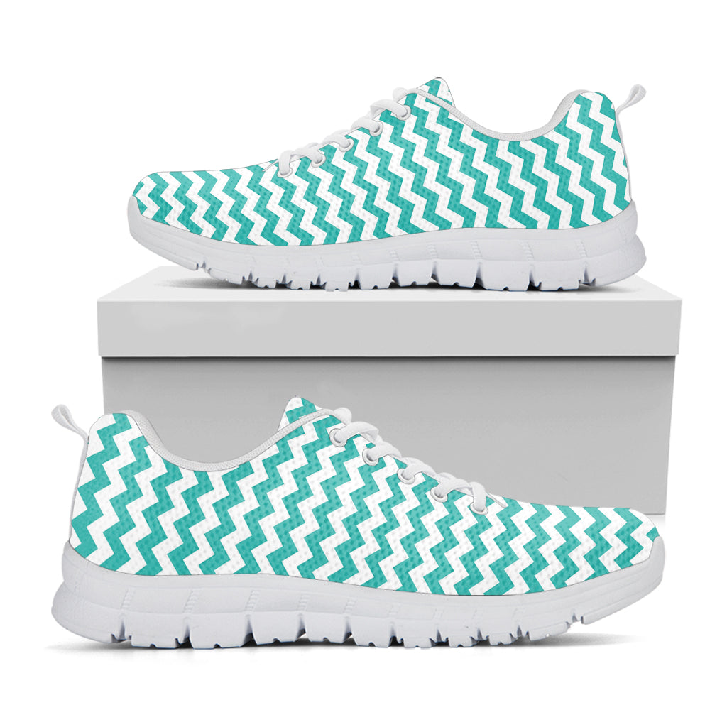 Teal And White Chevron Pattern Print White Sneakers