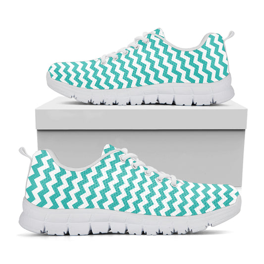 Teal And White Chevron Pattern Print White Sneakers