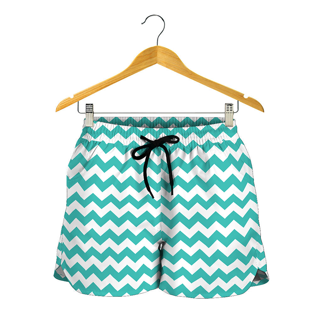 Teal And White Chevron Pattern Print Women's Shorts