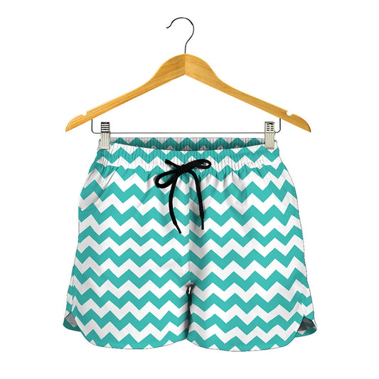 Teal And White Chevron Pattern Print Women's Shorts
