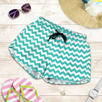 Teal And White Chevron Pattern Print Women's Shorts