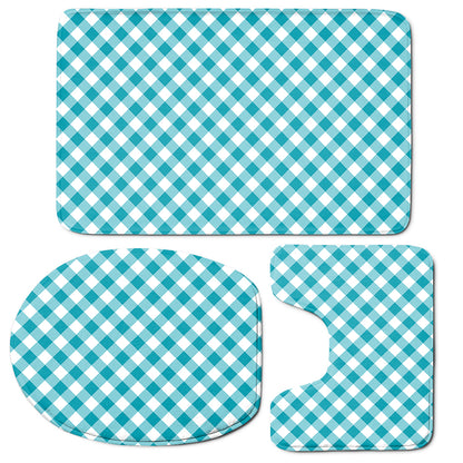 Teal And White Gingham Pattern Print 3 Piece Bath Mat Set
