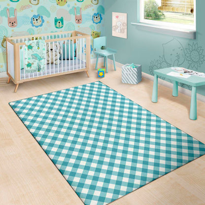 Teal And White Gingham Pattern Print Area Rug