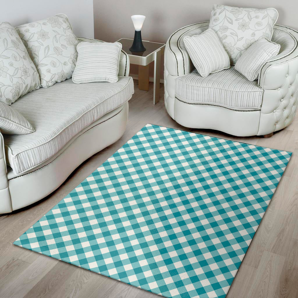 Teal And White Gingham Pattern Print Area Rug