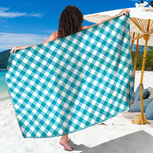Teal And White Gingham Pattern Print Beach Sarong Wrap