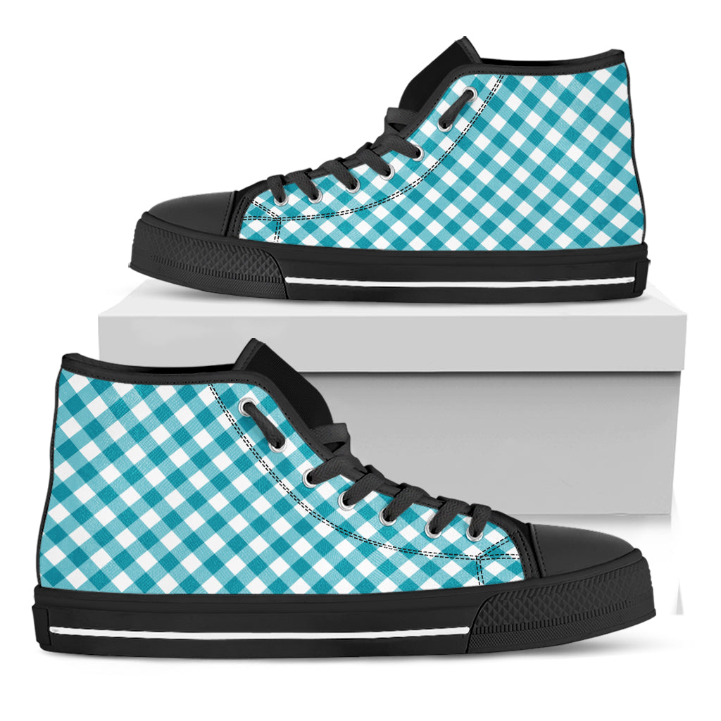 Teal And White Gingham Pattern Print Black High Top Shoes
