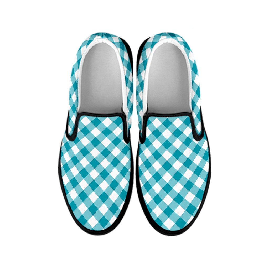 Teal And White Gingham Pattern Print Black Slip On Shoes