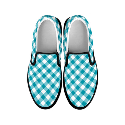 Teal And White Gingham Pattern Print Black Slip On Shoes