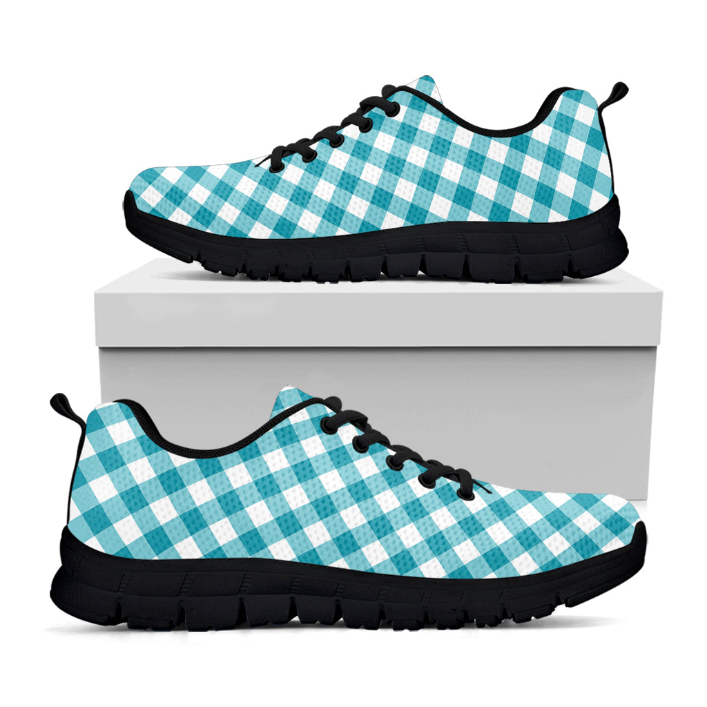 Teal And White Gingham Pattern Print Black Sneakers