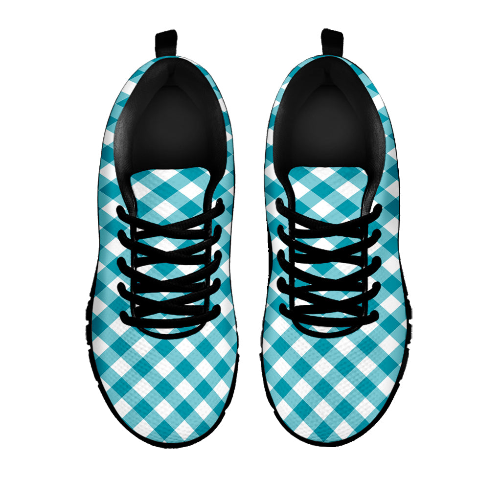 Teal And White Gingham Pattern Print Black Sneakers