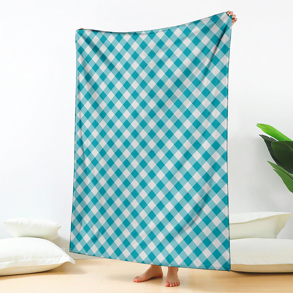 Teal And White Gingham Pattern Print Blanket