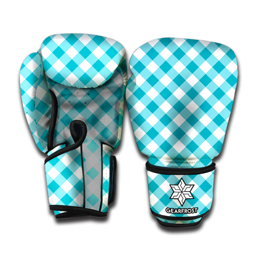 Teal And White Gingham Pattern Print Boxing Gloves