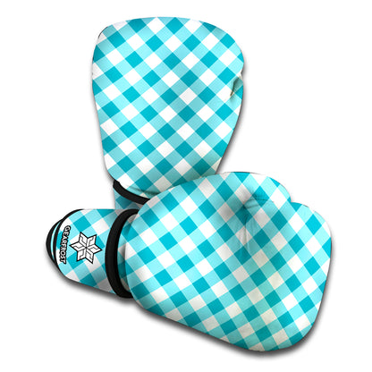 Teal And White Gingham Pattern Print Boxing Gloves