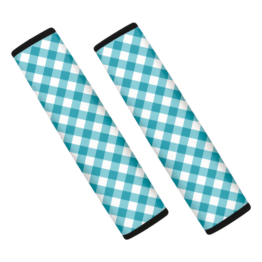 Teal And White Gingham Pattern Print Car Seat Belt Covers