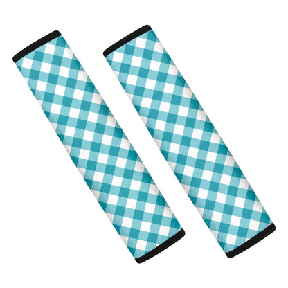 Teal And White Gingham Pattern Print Car Seat Belt Covers