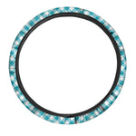 Teal And White Gingham Pattern Print Car Steering Wheel Cover