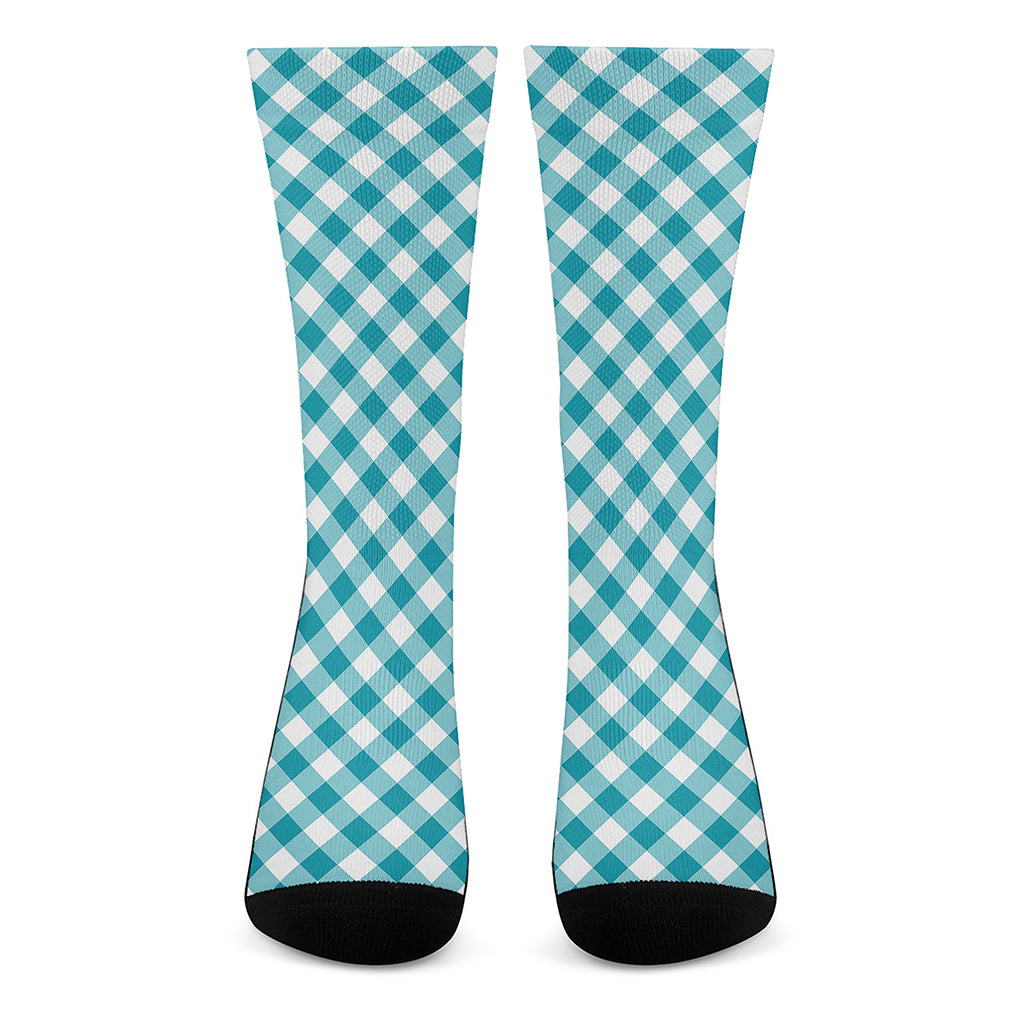 Teal And White Gingham Pattern Print Crew Socks