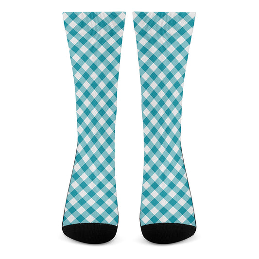 Teal And White Gingham Pattern Print Crew Socks