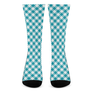 Teal And White Gingham Pattern Print Crew Socks