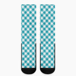 Teal And White Gingham Pattern Print Crew Socks