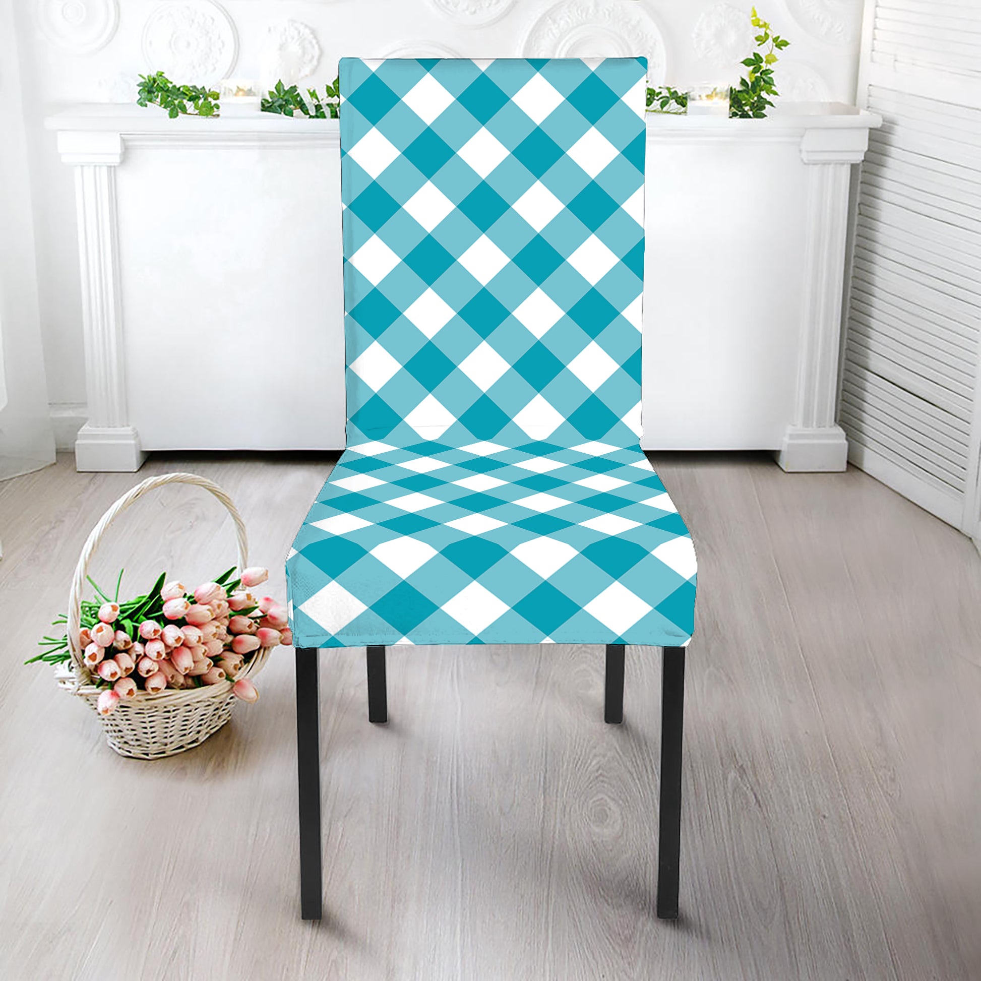 Teal And White Gingham Pattern Print Dining Chair Slipcover