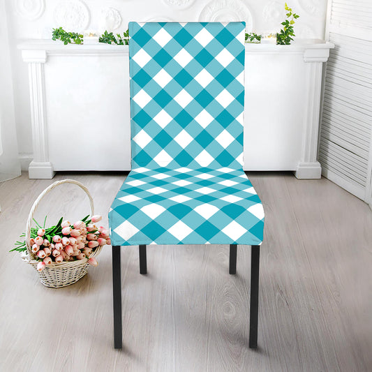 Teal And White Gingham Pattern Print Dining Chair Slipcover