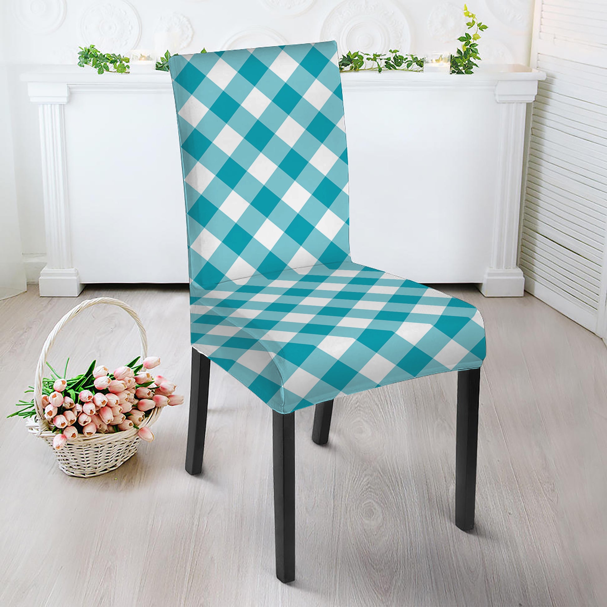 Teal And White Gingham Pattern Print Dining Chair Slipcover