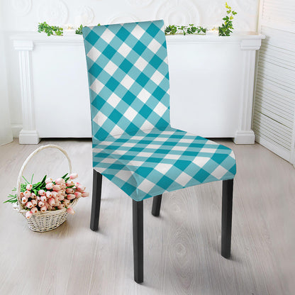 Teal And White Gingham Pattern Print Dining Chair Slipcover